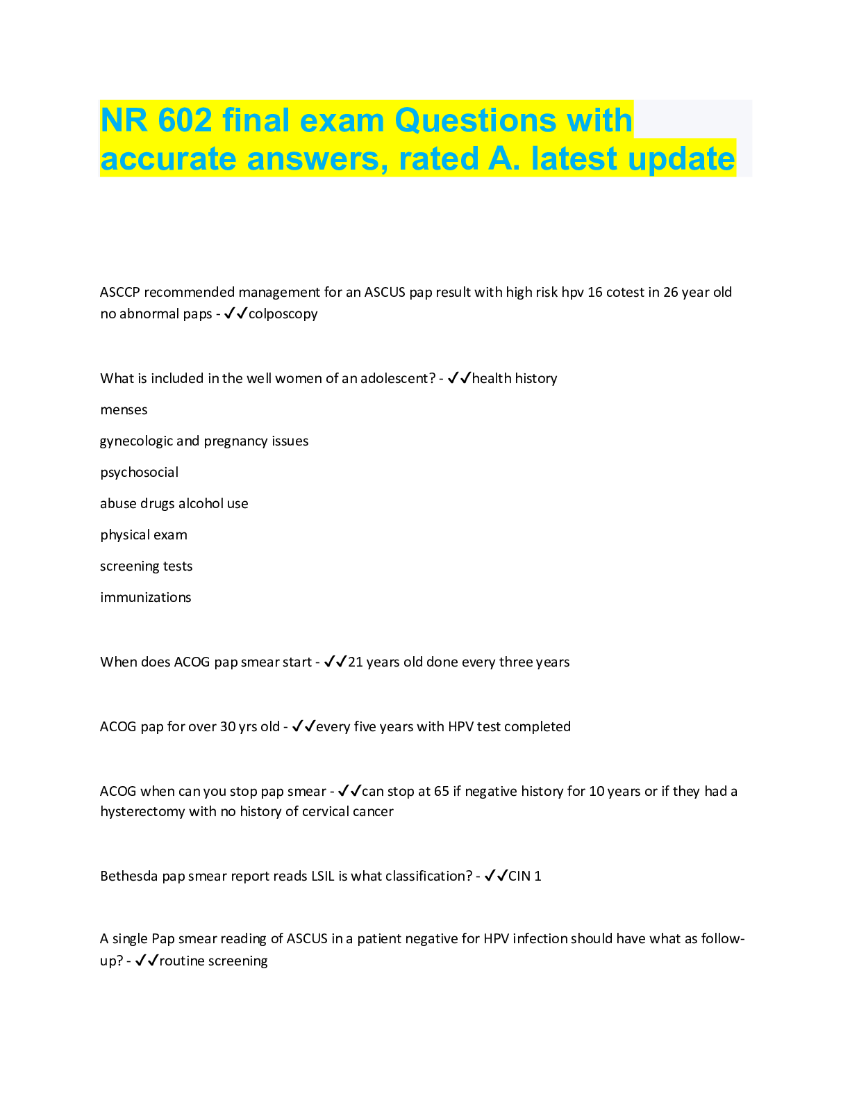 Preview image for NR 602 final exam Questions with accurate answers, rated A. latest update